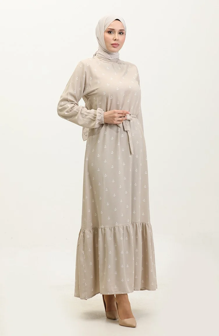 سيفا ميرفي Berra Anchor Pattern Cotton Viscose Dress 0344-01 Beige