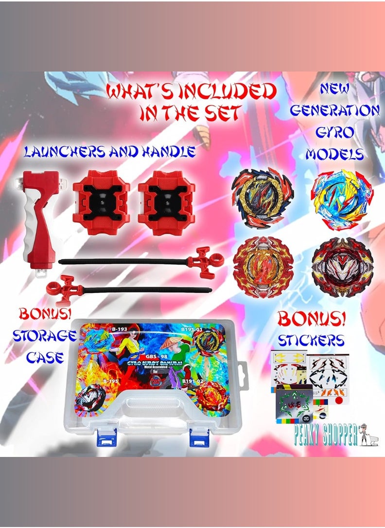 GYRO BURST SAMURAI - Gyro burst samurai metal assembled set of 4 spinning top with launcher 2-way, bey battling top for boys with box, gyro spinner burst combat fighting toy, kids battle toys for competition - Red - Image 1