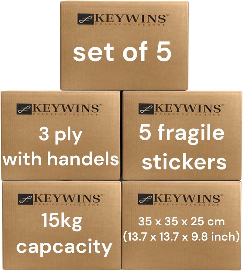 KEYWINS ® 3 Ply Storage Boxes H35 x W35 x D25cm Pack Of 5 Pieces With 5 pices (Sticker Caer) With Handles-Carton cardboard box for Moving And Backing And Shipping And Archive -100% Recyclable (Brown) - Image 1