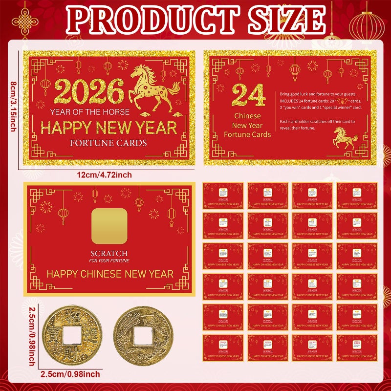 Sealmic 24 Counts Chinese New Year 2026 Scratch Off Fortune Cards Lunar Year of The Horse Spring Festival Families Reunion Party 30 Fortune Coins 1 Instruction Card for Lucky Supplies Favors Decorations - Image 2
