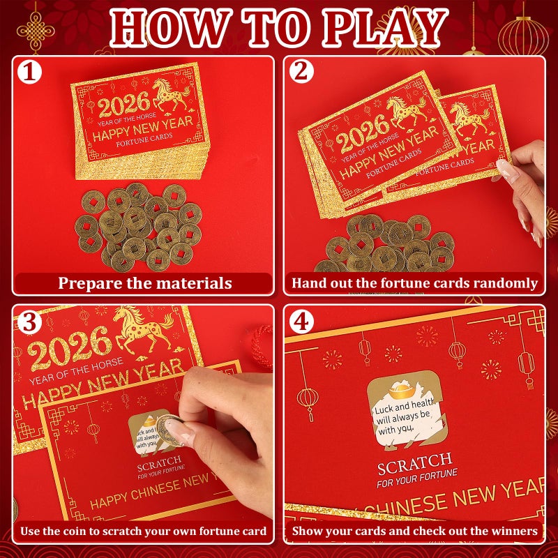 Sealmic 24 Counts Chinese New Year 2026 Scratch Off Fortune Cards Lunar Year of The Horse Spring Festival Families Reunion Party 30 Fortune Coins 1 Instruction Card for Lucky Supplies Favors Decorations - Image 4