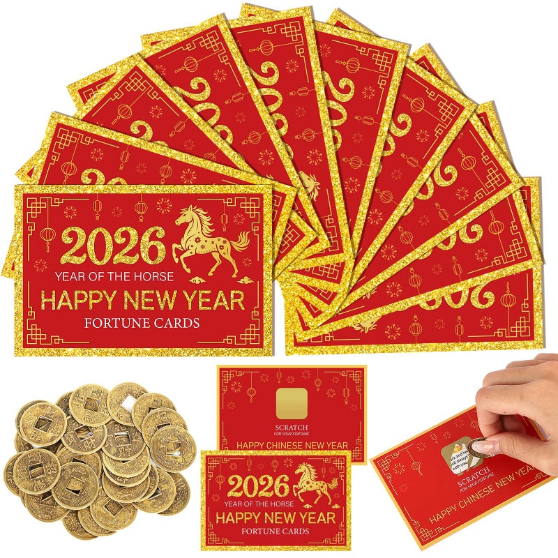 Sealmic 24 Counts Chinese New Year 2026 Scratch Off Fortune Cards Lunar Year of The Horse Spring Festival Families Reunion Party 30 Fortune Coins 1 Instruction Card for Lucky Supplies Favors Decorations - Image 1