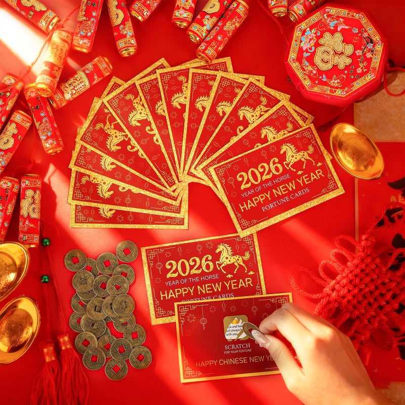 Sealmic 24 Counts Chinese New Year 2026 Scratch Off Fortune Cards Lunar Year of The Horse Spring Festival Families Reunion Party 30 Fortune Coins 1 Instruction Card for Lucky Supplies Favors Decorations - Image 5