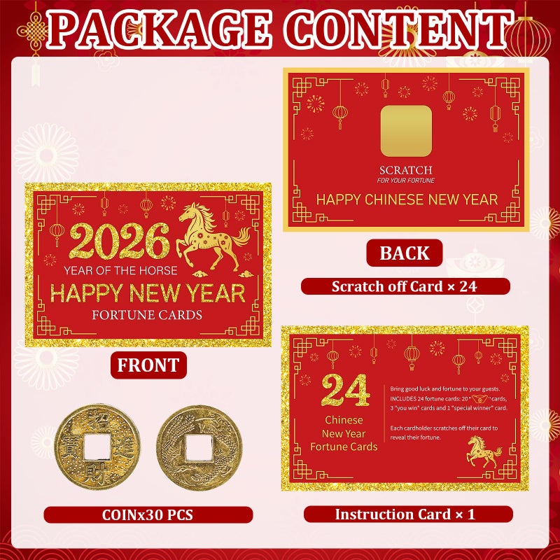 Sealmic 24 Counts Chinese New Year 2026 Scratch Off Fortune Cards Lunar Year of The Horse Spring Festival Families Reunion Party 30 Fortune Coins 1 Instruction Card for Lucky Supplies Favors Decorations - Image 3