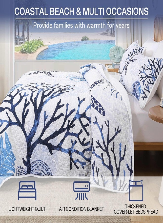 Xruibed Coastal Quilt Set Queen Size Blue Nautical Beach Quilt Coverlet Reversible Lightweight Bedspread with 2 Pillowshams Soft Microfiber Quilt Set for All Season 90"x96" - Image 3