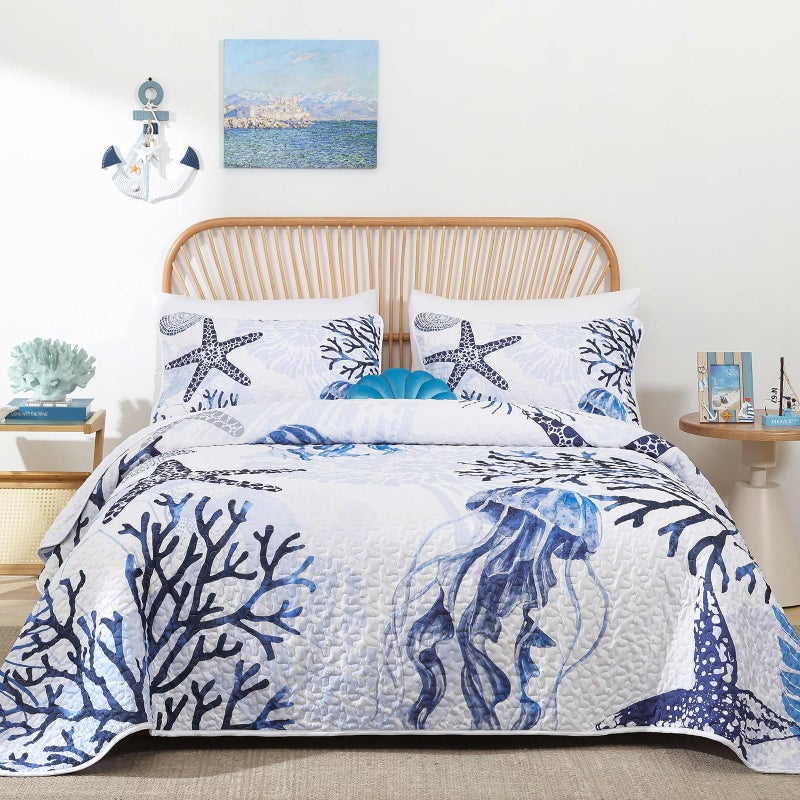 Xruibed Coastal Quilt Set Queen Size Blue Nautical Beach Quilt Coverlet Reversible Lightweight Bedspread with 2 Pillowshams Soft Microfiber Quilt Set for All Season 90"x96" - Image 1