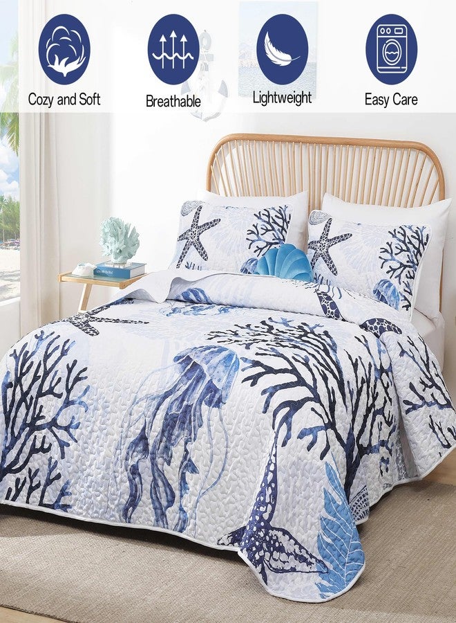 Xruibed Coastal Quilt Set Queen Size Blue Nautical Beach Quilt Coverlet Reversible Lightweight Bedspread with 2 Pillowshams Soft Microfiber Quilt Set for All Season 90"x96" - Image 2