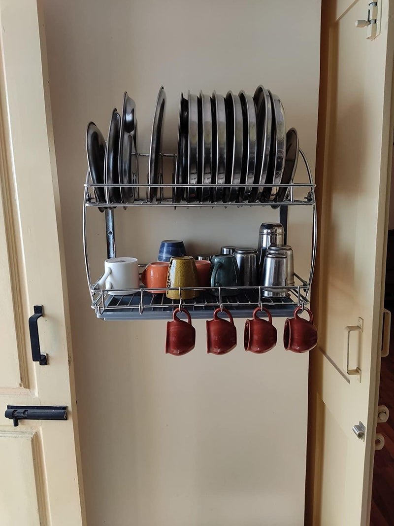 LEVON Stainless Steel Wall Mount Dish Rack Plate Cutlery Stand/Utensils Rack/Modern Kitchen Storage Organiser - Size (455 X 255 X 270 mm, Silver) - Image 4