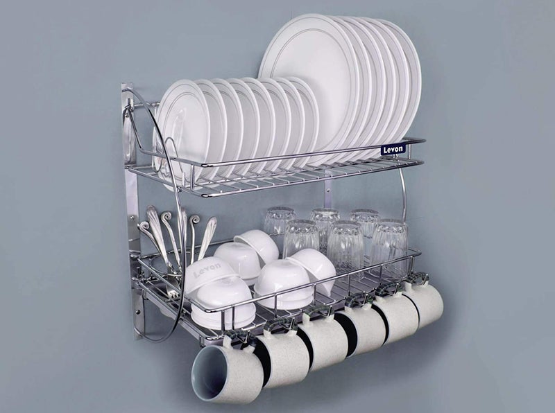 LEVON Stainless Steel Wall Mount Dish Rack Plate Cutlery Stand/Utensils Rack/Modern Kitchen Storage Organiser - Size (455 X 255 X 270 mm, Silver) - Image 1