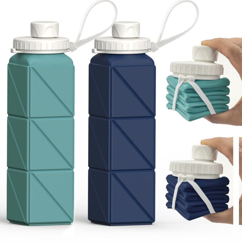 BEAUTAIL Collapsible Water Bottles 20.6oz (610 ml) 2 Pack, Silicone Foldable Portable Travel Water Bottle, BPA-free, Reusable Leakproof for Traveling Camping Hiking Cycling Sports Outdoor (Blue+DKBL) - Image 1