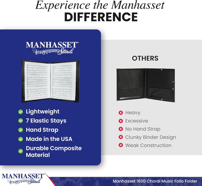 Manhasset حافظة نوتات الكورال موديل 1600، سوداء، حزام يد مرن و7 دعامات مرنة، تحمل نوتات بحجم 8½″ × 11″، حافظة كورال احترافية مصنوعة في الولايات المتحدة - Image 4