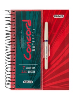 Bravo Bravo Concord Spiral Notebook with Free pen - 7 Subjects - 210 Sheets - Med Size - Red 