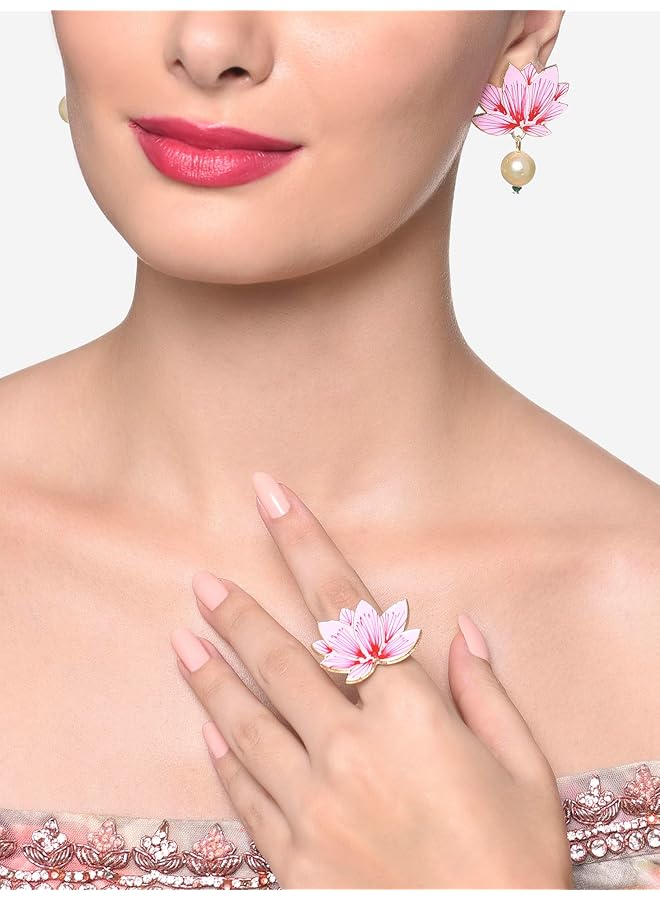erorex Pink Red Lotus Enamel Pearls Ethnic Drops Earring And Ring Set For Women Zpfk16230 - Image 3