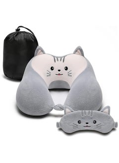 Arabest Travel Pillow for Kids and Adults, Cute Animal Memory Foam Neck Pillow with Soft Fleece Cover and Eye Mask Set, Airplane Pillow Travel Kit with Drawstring Organizer Bag, Machine Washable (Kitten)  - Image 1