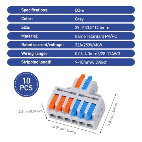 Serplex® 10Pcs Lever-Nut Wire Connectors, 2 in to 6 Out Quick Wiring Cable Connector for AWG 28-12, Compact Electrical Connectors, Versatile Quick Wiring for Hard/Flexible Wire, Flame Retardant - Image 2