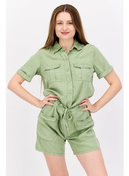 Women Plain Short Sleeve Tie Waist Playsuits, Sage Green