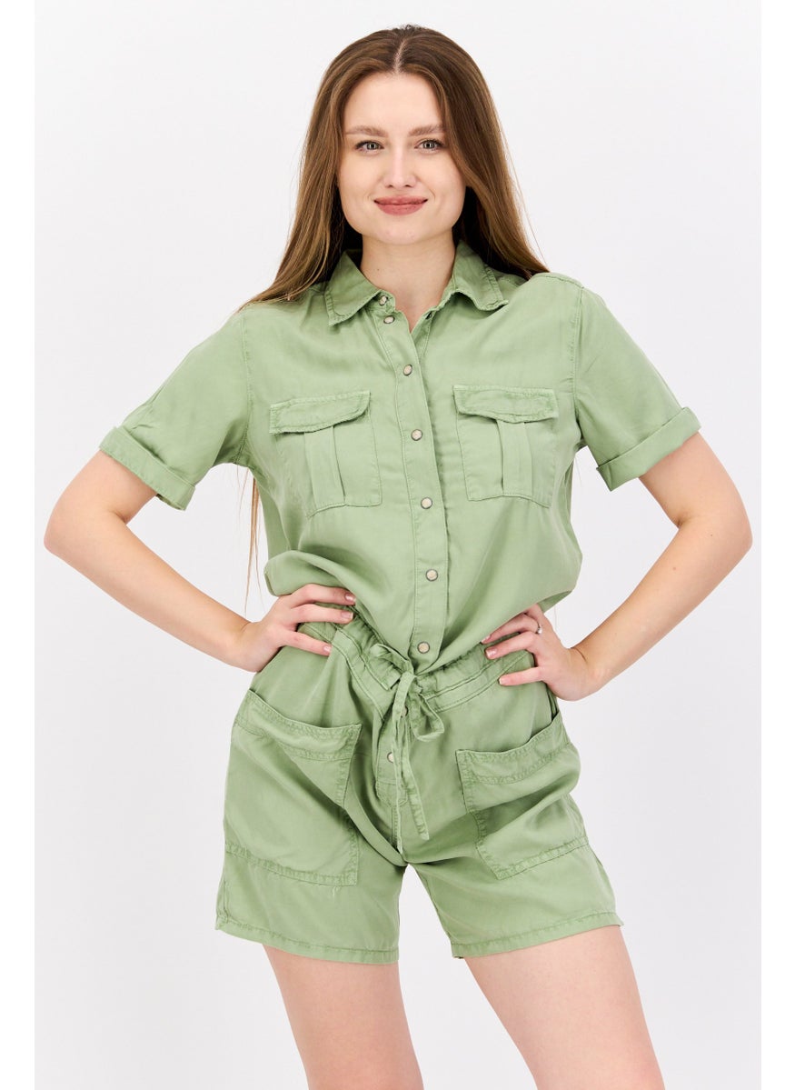 Pepe Jeans - Women Plain Short Sleeve Tie Waist Playsuits, Sage Green - Image 1