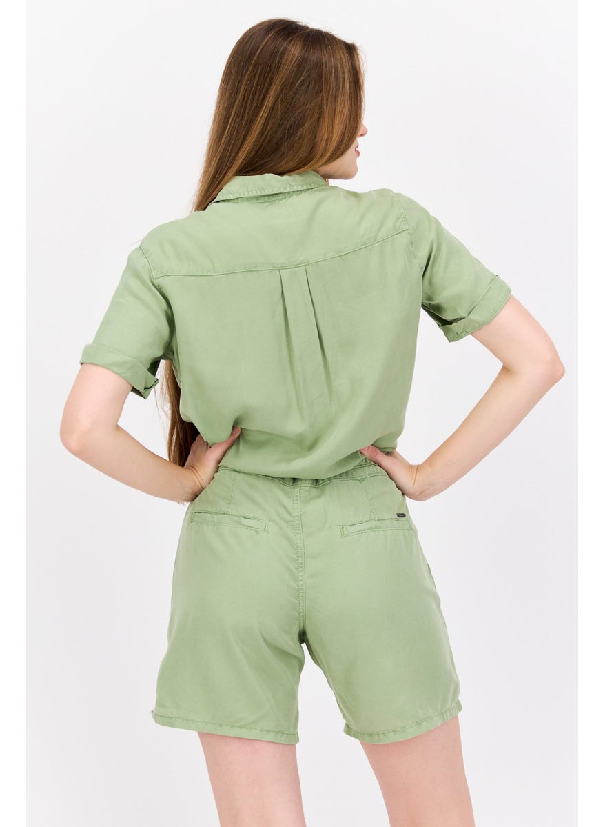 Pepe Jeans - Women Plain Short Sleeve Tie Waist Playsuits, Sage Green - Image 1