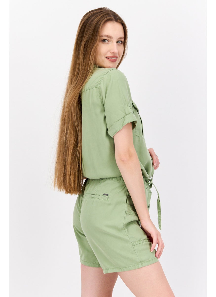 Pepe Jeans - Women Plain Short Sleeve Tie Waist Playsuits, Sage Green - Image 1