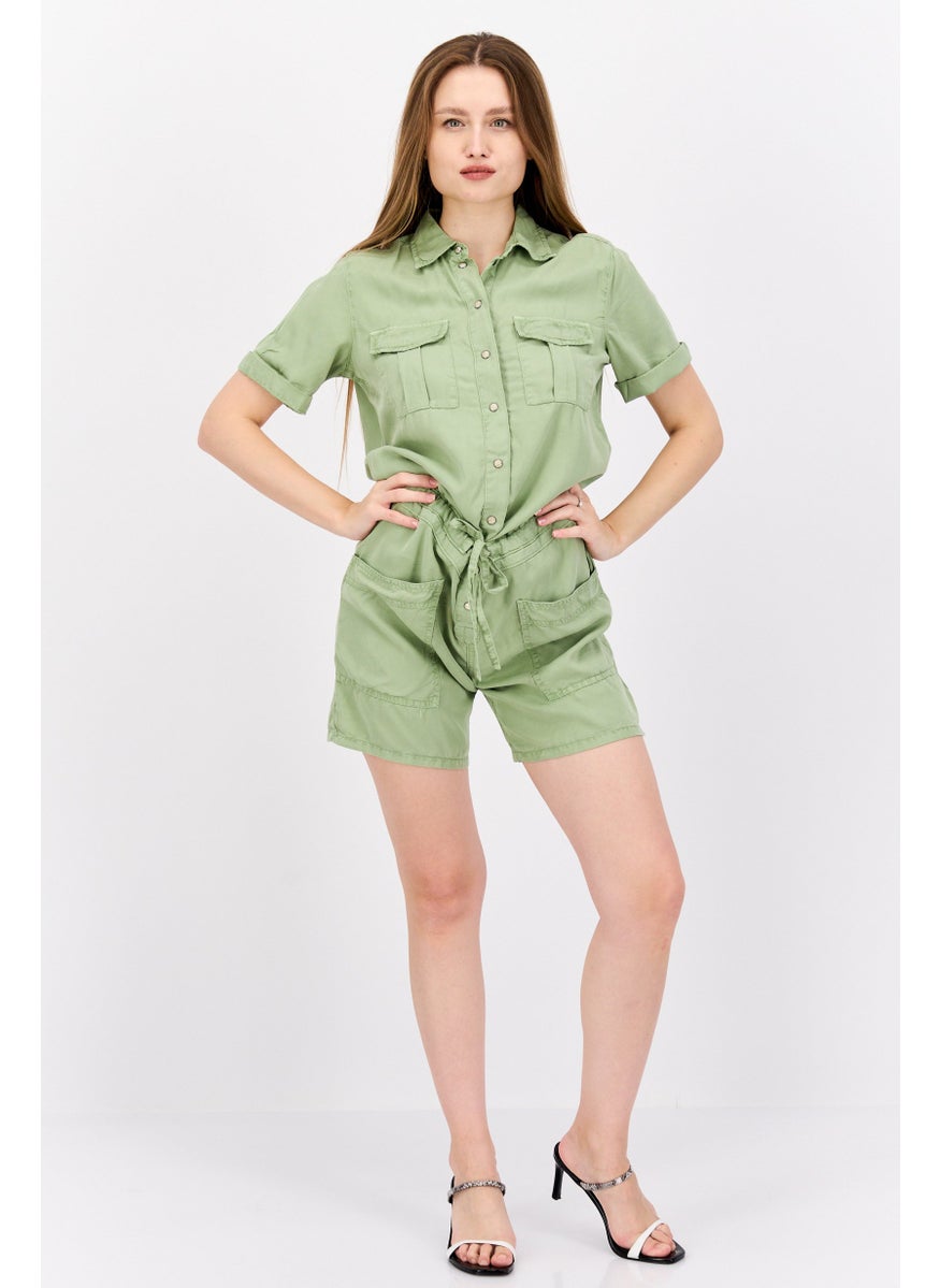 Pepe Jeans - Women Plain Short Sleeve Tie Waist Playsuits, Sage Green - Image 1