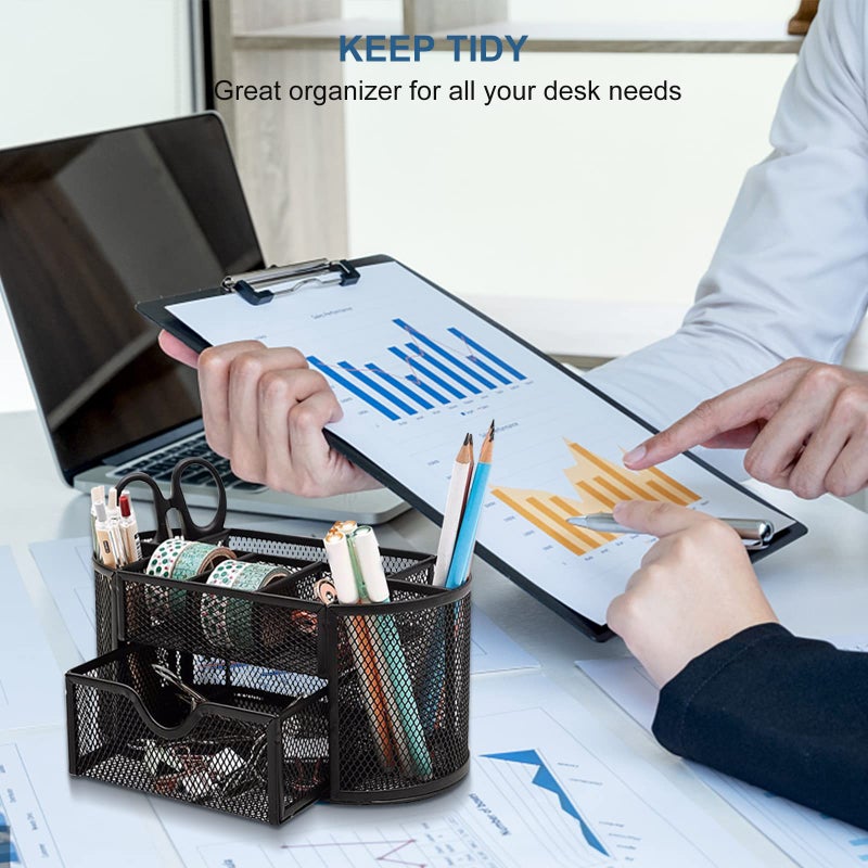Lenfuos Mesh Desk Organiser Desk Tidy Metal Pen Holder with 8 Compartments and 1 Drawer, Stationery Storage Desktop Organiser for Home, Office, School - Image 5