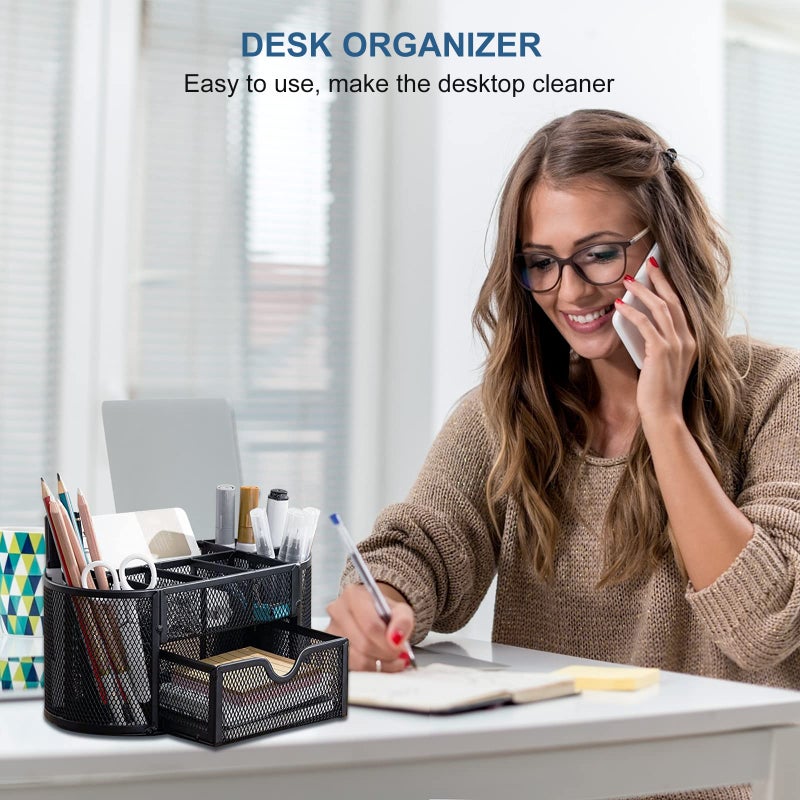 Lenfuos Mesh Desk Organiser Desk Tidy Metal Pen Holder with 8 Compartments and 1 Drawer, Stationery Storage Desktop Organiser for Home, Office, School - Image 2