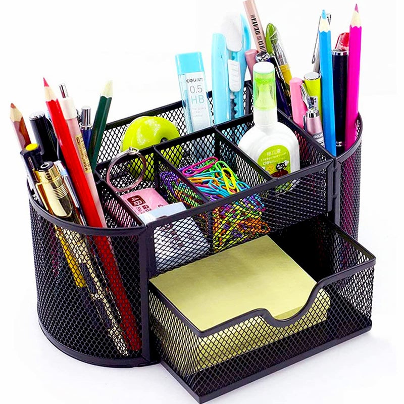 Lenfuos Mesh Desk Organiser Desk Tidy Metal Pen Holder with 8 Compartments and 1 Drawer, Stationery Storage Desktop Organiser for Home, Office, School - Image 1