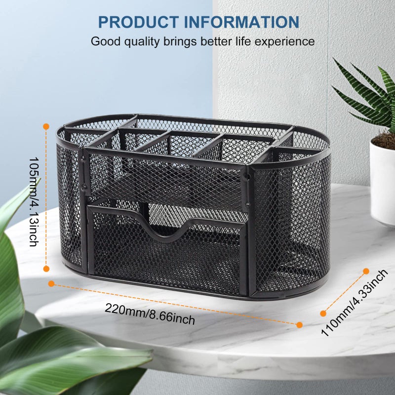 Lenfuos Mesh Desk Organiser Desk Tidy Metal Pen Holder with 8 Compartments and 1 Drawer, Stationery Storage Desktop Organiser for Home, Office, School - Image 4