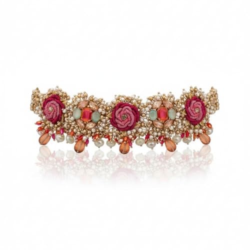 SANJOYA BY EVERSTYLISH Gulratna Jewel Of Roses Handcrafted Rose Choker With Beaded Fringes, Pearls And Gem Details Lightweight Jewelry For Women | Party, Festive, Wedding & Gifting - Image 1