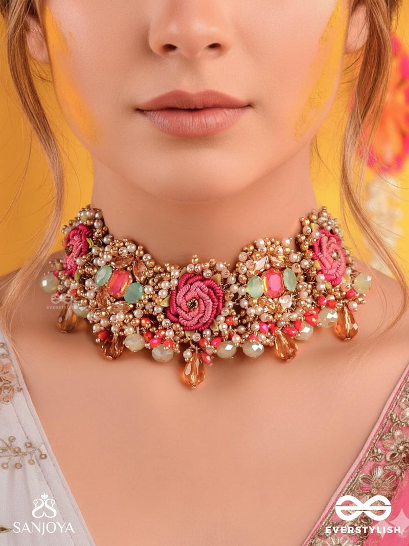 SANJOYA BY EVERSTYLISH Gulratna Jewel Of Roses Handcrafted Rose Choker With Beaded Fringes, Pearls And Gem Details Lightweight Jewelry For Women | Party, Festive, Wedding & Gifting - Image 2