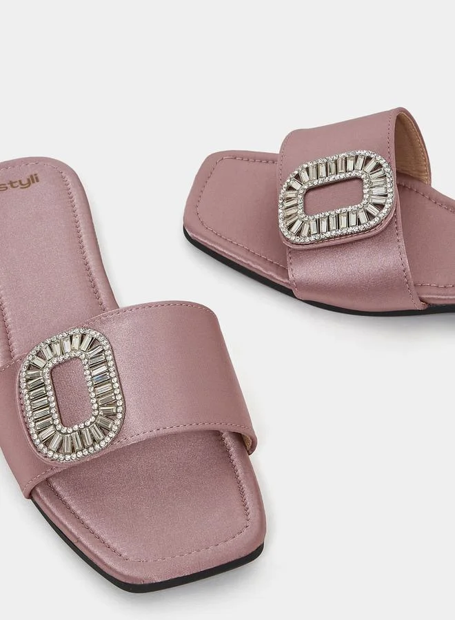 Styli Embellished Buckle Trim Flat Sandal