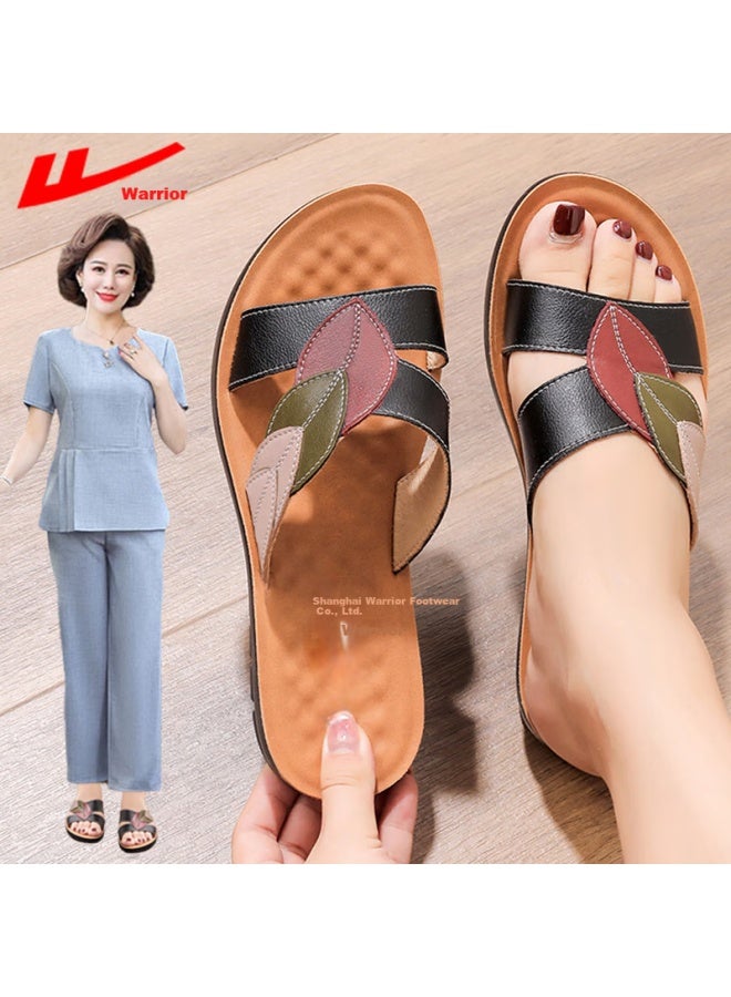 Pull Back Huili Mom's Sandals For Middle-aged And Elderly Women, New Summer Style, Soft-soled Genuine Leather Slippers For Seniors, 0680 Black, Size 38 - Image 1