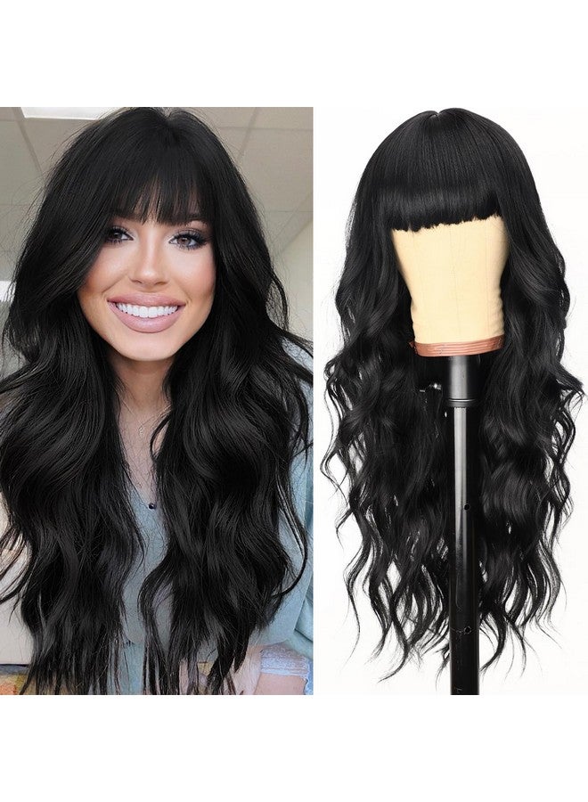 Black Wig With Bangs Long Wavy Wig For Women Synthetic Hair Wig For Daily Party Use