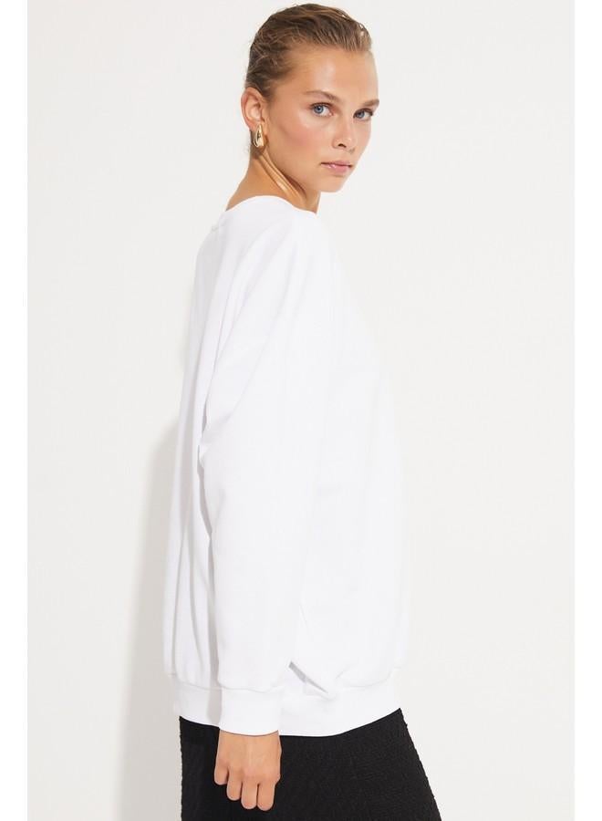 جون بلوزة قطنية نسائية واسعة بياقة مستديرة أساسية محبوكة باللون الأبيض - Image 5