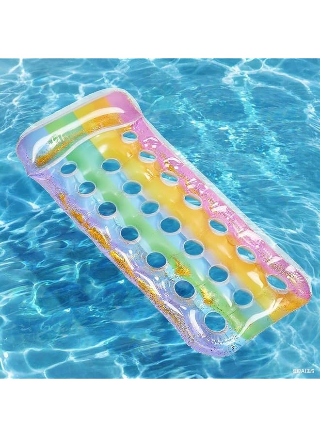 KASTWAVE Pool Inflatables For Adults Inflatable Pool Floats With Comfy Headrest And Water Flow Holes Rainbow Glitter Inflatable Rafts Lounger For Swimming Pool Sunbath Tanning Summer Beach - Image 1