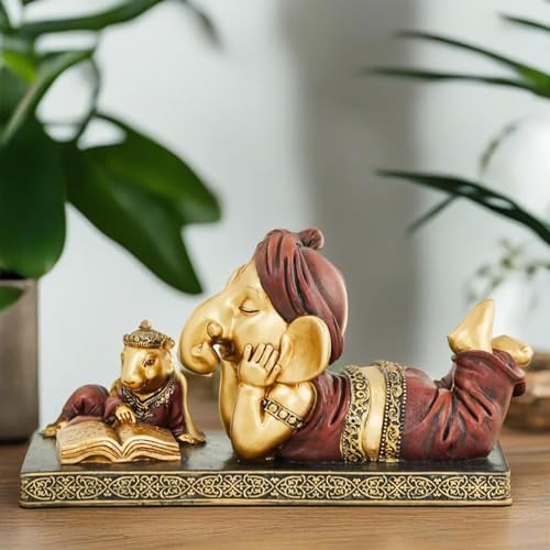 Karigaari India Lord Ganesha Reading Book with Mouse, Ganeshji Murti Idol Decorative Religious Showpiece for Home Decor, Pooja Room, Temple & House Warming Gift - Image 1