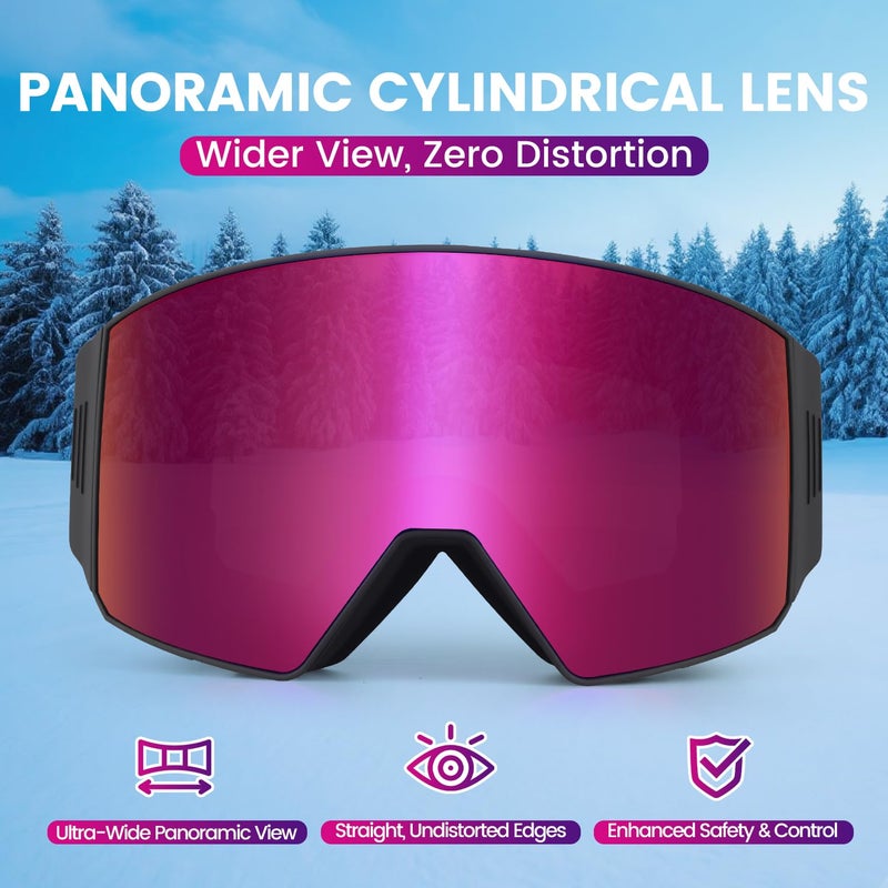 EXP VISION Ski Goggles Dual Lock Magnetic Snow Goggles Interchangeable Lens with Anti-Fog Panoramic Snowboard Goggles for Men & Women (Black-Burgundy) - Image 2
