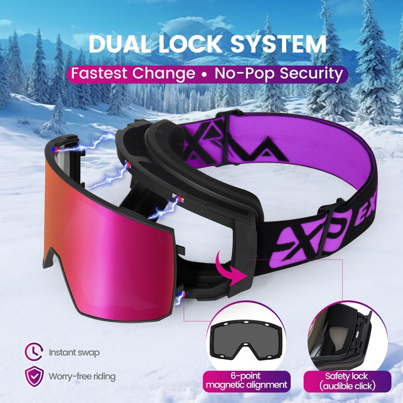 EXP VISION Ski Goggles Dual Lock Magnetic Snow Goggles Interchangeable Lens with Anti-Fog Panoramic Snowboard Goggles for Men & Women (Black-Burgundy) - Image 3