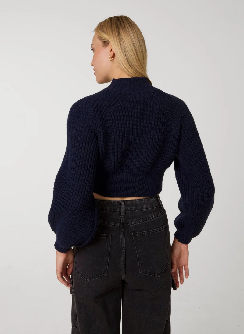 بينك فانيلا High Neck Knitted Crop Jumper