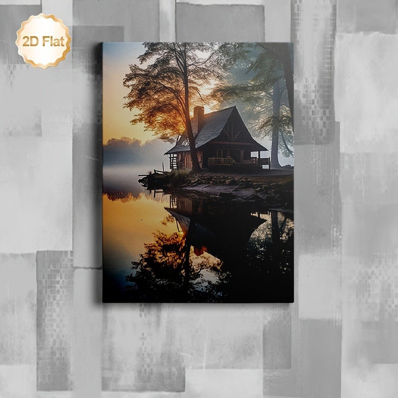 Modern Framed Canvas Painting - Lake House Evening Mist - Image 4