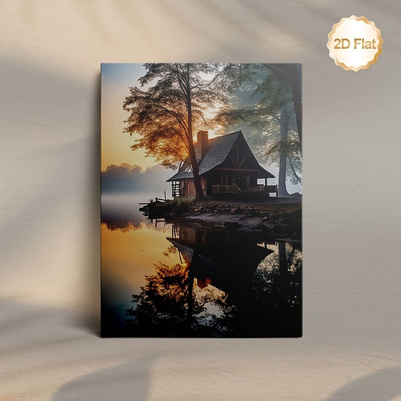 Modern Framed Canvas Painting - Lake House Evening Mist - Image 1