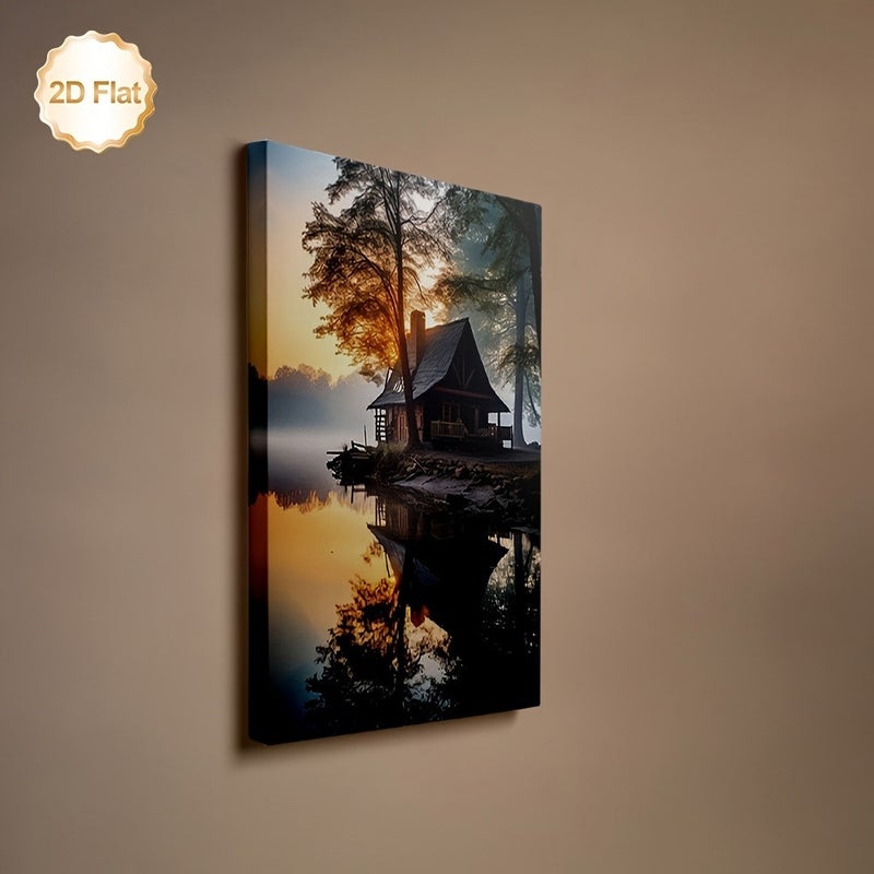 Modern Framed Canvas Painting - Lake House Evening Mist - Image 5