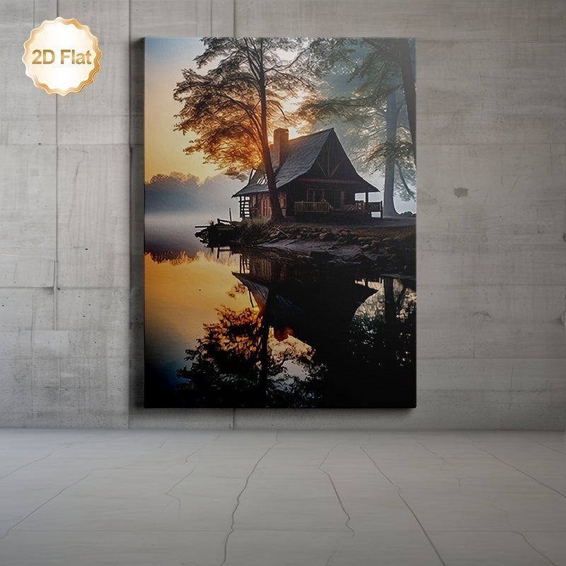 Modern Framed Canvas Painting - Lake House Evening Mist - Image 2