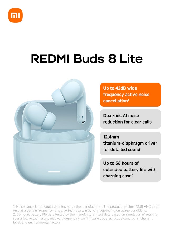 Xiaomi Redmi Buds 8 Lite Wireless Earbuds, 42dB Hybrid Active Noise Cancellation, 8H/36H Battery, 12.4mm Dynamic Driver, Fast Charging, Dual-Mic Clear Calls, Google Fast Pair, Blue - Image 1