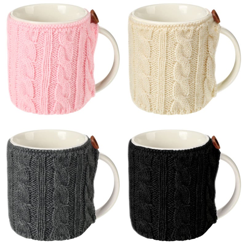 Skyley 4 Pcs Coffee Mug Cozy Sleeve Reusable Knitted Crochet Sleeves Cup Tea Cozy Handmade Tableware Coffee and Tea Mug Warmer for Women MenFresh Color