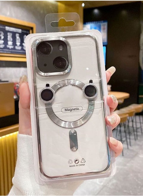 A high-quality case that supports charging the MagSafe in addition to camera lenses the same color as the case compatible with the iPhone 15 phone silver color