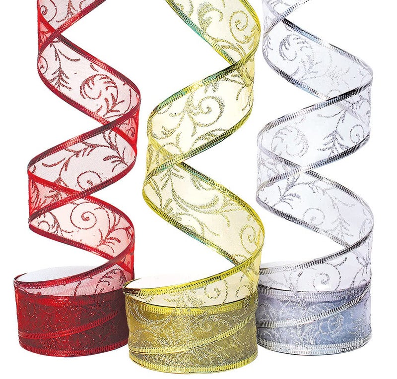 OLYPHAN Christmas Ribbon Wired 15 Inch Set of 3 Ribbon Wire Red Gold SilverWhite Sheer Organza Glitter Gift Wrapping Xmas Tree Ribbons Decoration Holiday Craft Gifts Wrap 30 Yards 10 Yard Ea Roll