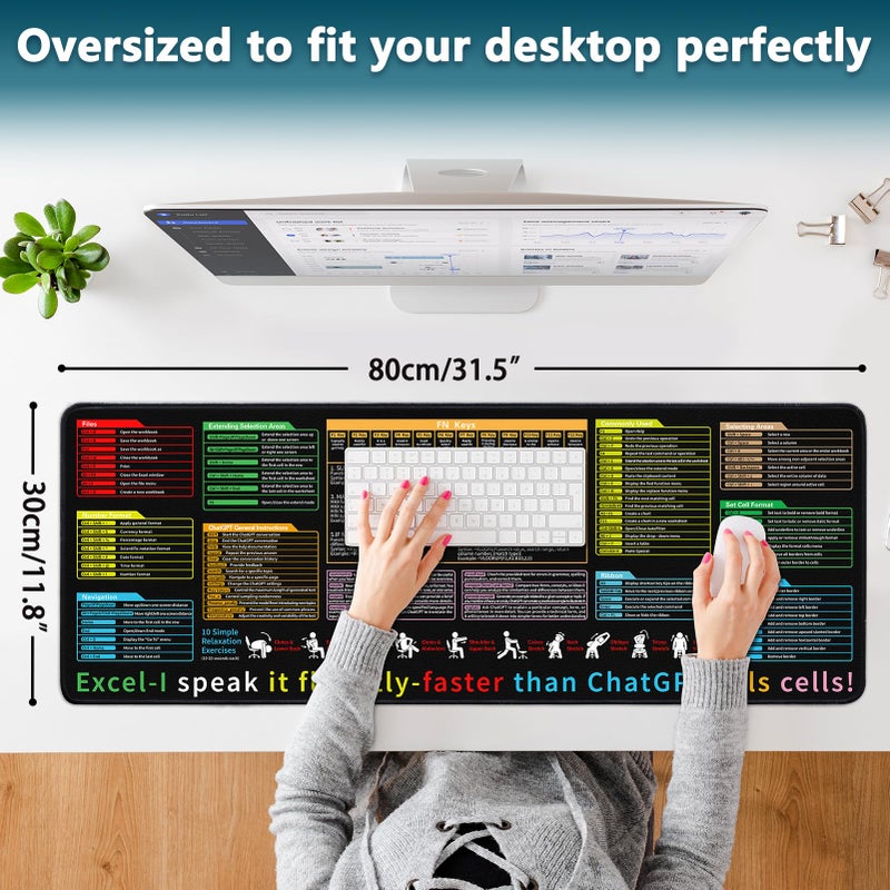 Yuhijoy Excel Cheat Sheet Desk Pad - Large Mouse Pad - Excel Cheat Sheet Desk Mat, Non-Slip Base Mousepad Suitable for Office, Computer Games, Desk Mat and More (1, 31.5" x 11.8") - Image 4