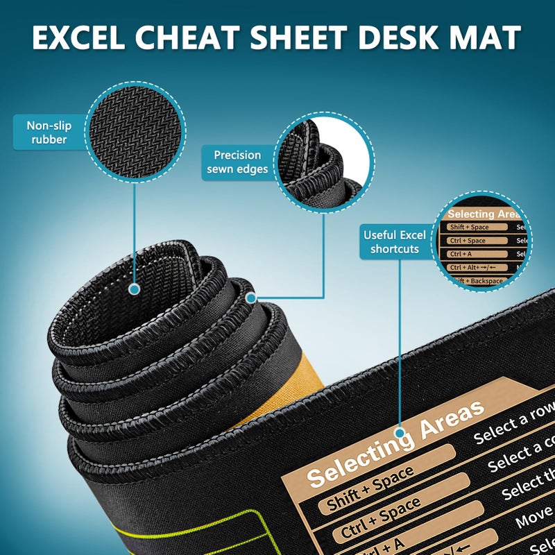 Yuhijoy Excel Cheat Sheet Desk Pad - Large Mouse Pad - Excel Cheat Sheet Desk Mat, Non-Slip Base Mousepad Suitable for Office, Computer Games, Desk Mat and More (1, 31.5" x 11.8") - Image 2