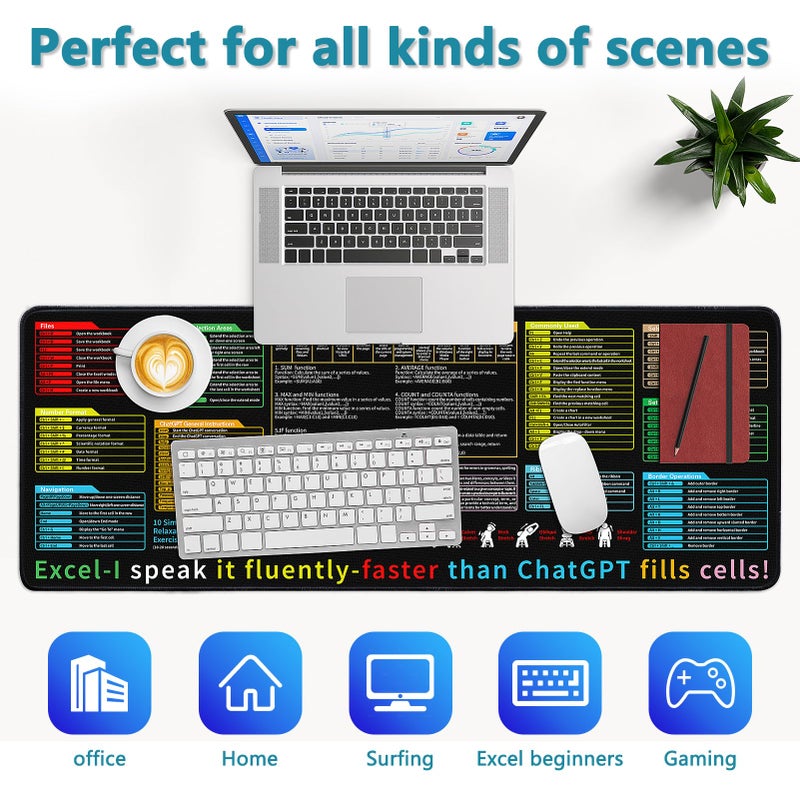 Yuhijoy Excel Cheat Sheet Desk Pad - Large Mouse Pad - Excel Cheat Sheet Desk Mat, Non-Slip Base Mousepad Suitable for Office, Computer Games, Desk Mat and More (1, 31.5" x 11.8") - Image 5